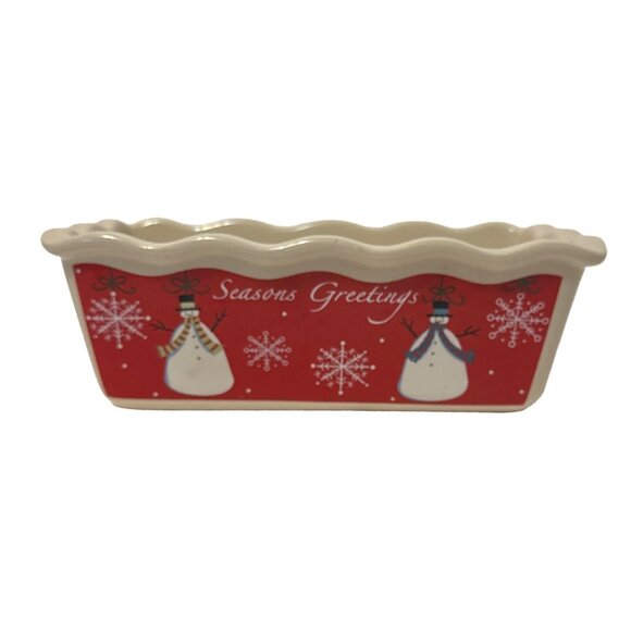 Ceramic Holiday Loaf Pan Snowman & Snowflake Design Seasons Greetings Red - Picture 2 of 7